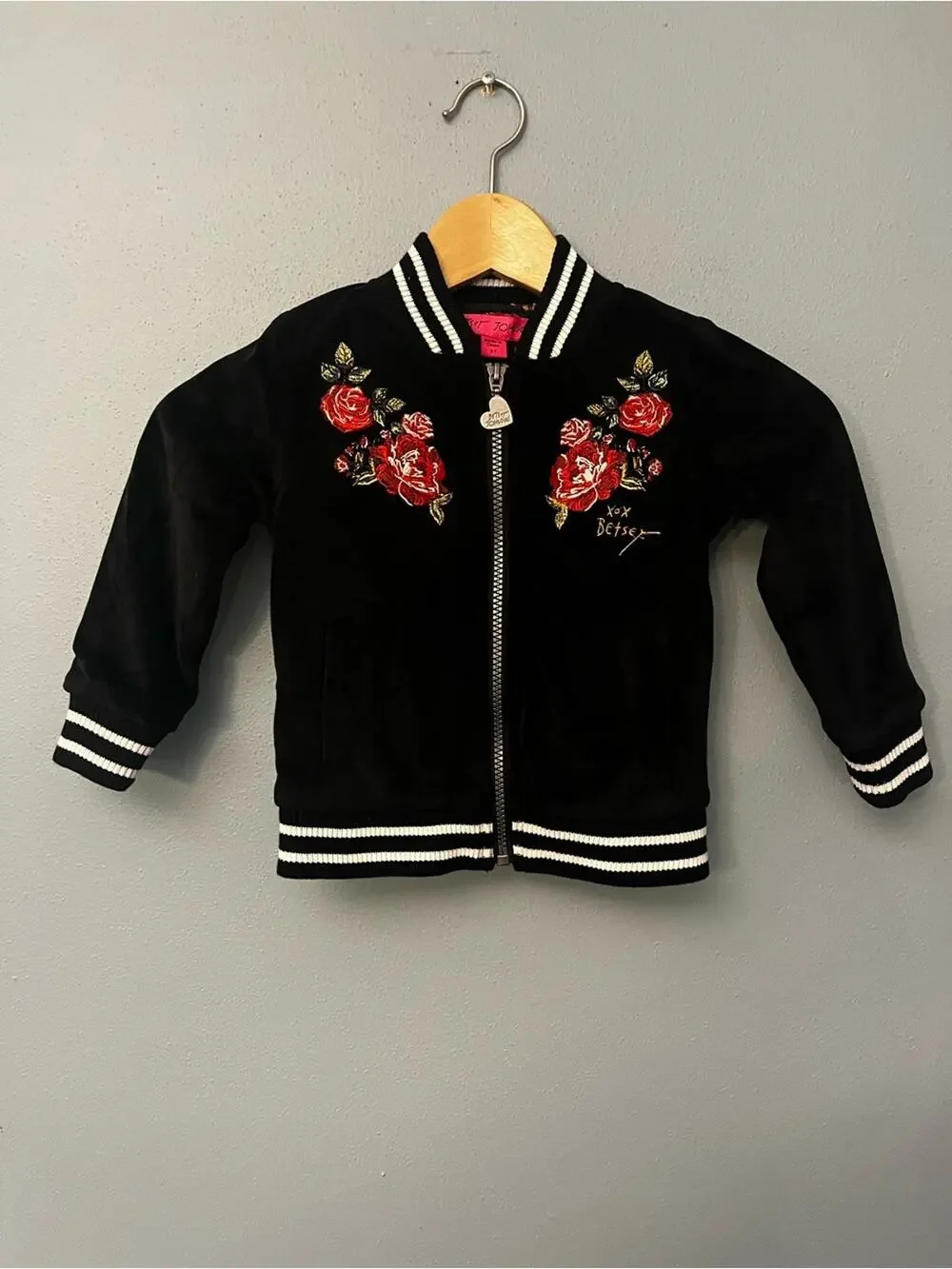 Betsey Johnson Velvet Bomber Jacket with Red Rose Embroidery
